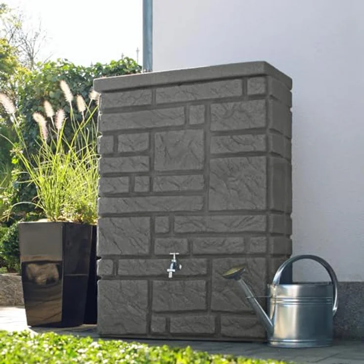 PROSPERPLAST Regentonne Maurano 300 Liter anthrazit, UV- und witterungsbeständig, kindersicherer Deckel, Grau – Bild 4