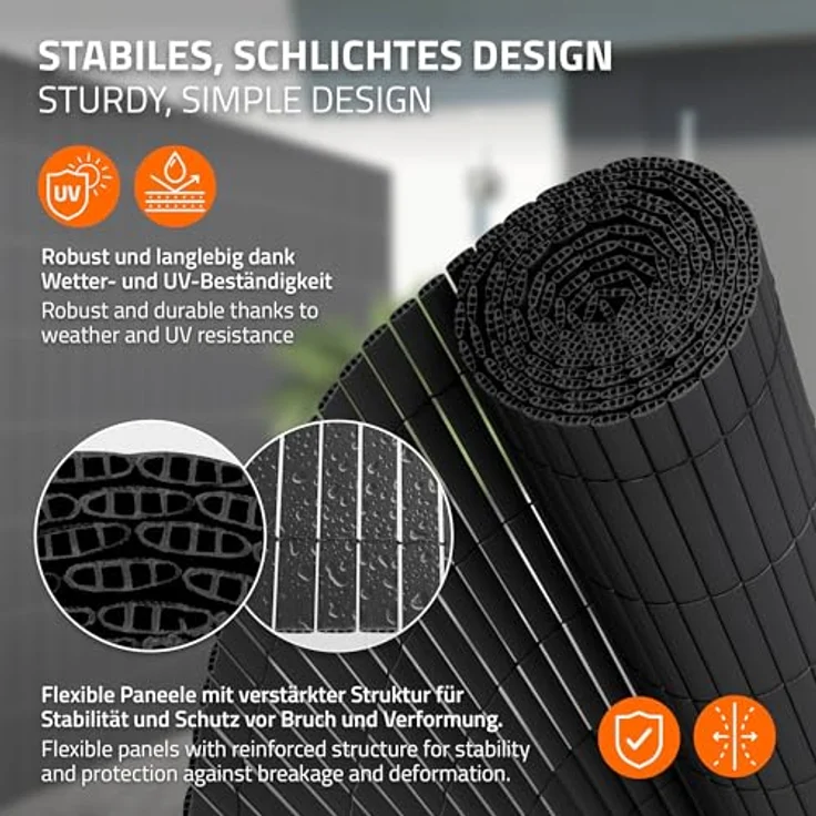 ECD Germany PVC Sichtschutzmatte 160x400 cm, Anthrazit, UV-beständig, wasserdicht, Windschutz mit 3-Gewicht-Verstärkung für Garten und Balkon – Bild 3