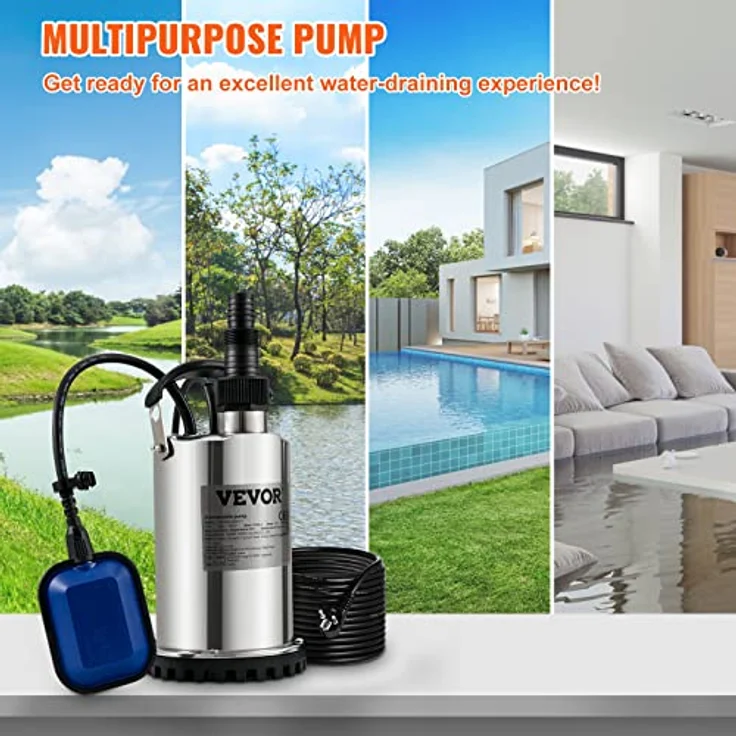 VEVOR Schmutzwasserpumpe 550 W Tauchpumpe, 158 L/min, für Swimmingpool Keller Klärgrube, mit Ablassadapter – Bild 2