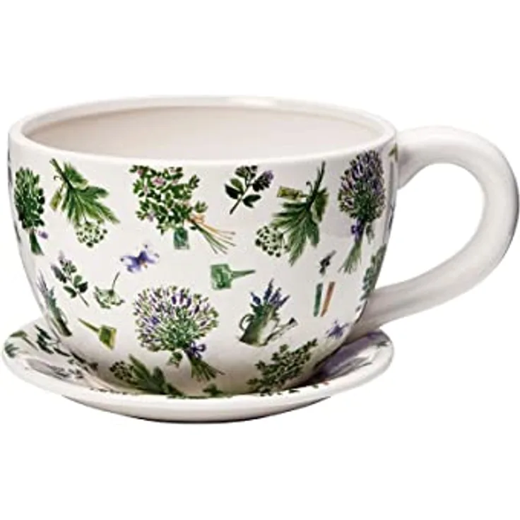 BUTLERS Pflanztasse ‚Lavendelsträuße‘ mit Untertasse Plant A Cup - Großes Pflanzgefäß mit Unterteller (22x30 cm, Höhe 15 cm) - XXL Pflanztopf aus Dolomit als Kräutertopf/Blumentopf in Küche & Garten