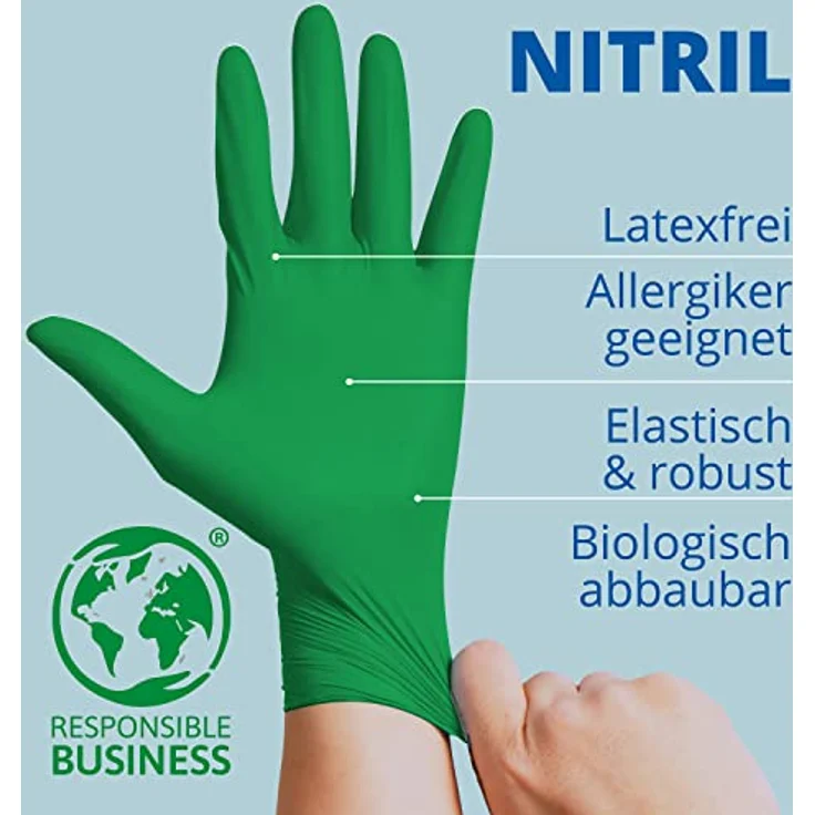 AMPri Biologisch abbaubare Nitrilhandschuhe, grün, 100 Stück/Box, Größe M, puderfrei, Nature Gloves by Med-Comfort: Nitril Einmalhandschuhe in den Größen XS, S, M, L, XL erhältlich – Bild 3