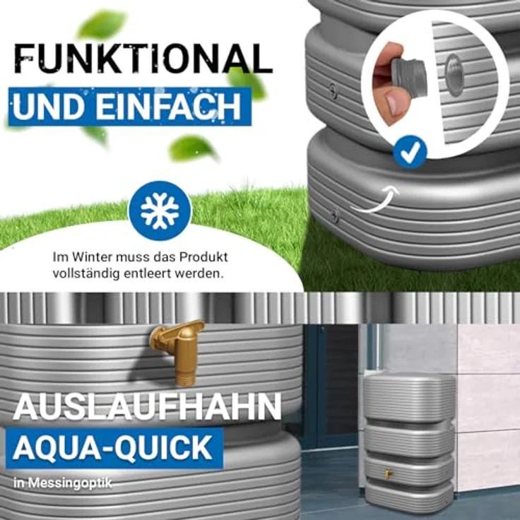 4rain Wandtank Quadro, 500 l Regenwasserspeicher in Betongrau mit fünf Gewindeanschlüssen, UV-stabil und robust – Bild 5