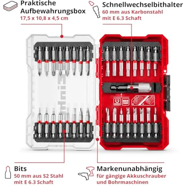 Original Einhell M-CASE 33-tlg. Bit-Set (für Akkuschrauber und Bohrmaschinen mit 50-mm-Bits aus S2 Stahl, Schnellwechselbithalter aus Karbonstahl inkl. Aufbewahrungsbox) – Bild 3