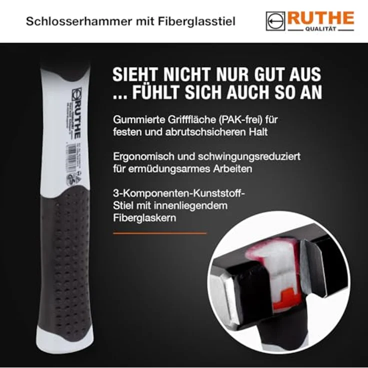 Ruthe Hammer RUTHE Fäustel 800 gr. Fiberglasstiel DIN 6475, mit grau/schwarzem ergonomischen 3-Komponenten-Griff – Bild 5