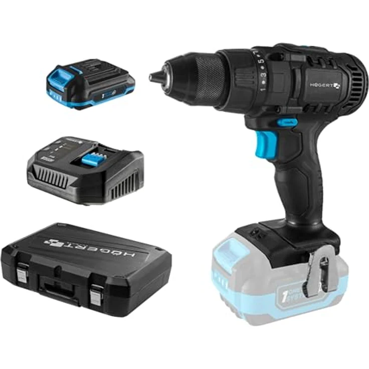 HÖGERT TECHNIK Akku-Bohrschrauber Set 18V, 50 Nm Drehmoment, 2,0 Ah Akku, 4A Ladegerät, Metallgetriebe, LED-Beleuchtung, Auto Lock Bohrfutter, für Holz und Metall – Bild 1