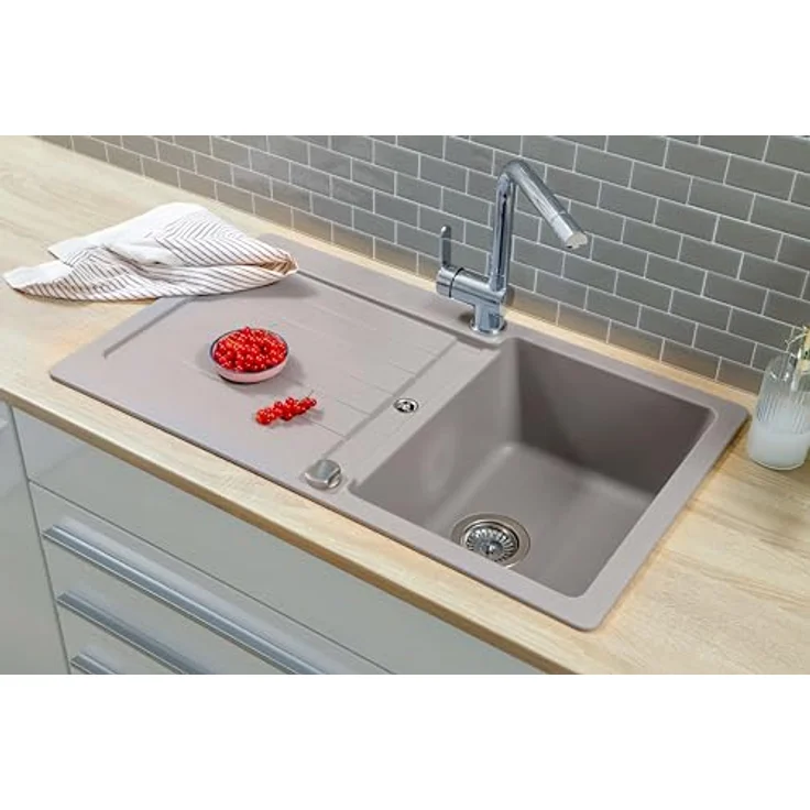 Respekta Austin Massivgranit Spüle, 86 x 50 cm, hitzebeständig, abgeschrägte Abtropffläche, einbau- und unterbaumontage, 1 Becken, für Unterschränke ab 45 cm, grau – Bild 3