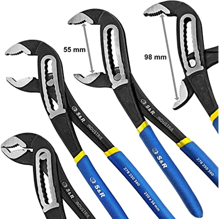 S&R Wasserpumpenzange CR-V Stahl gehärtet, phosphatiert, doppelt ummantelte Griffe, 250 x 36 mm, Öffnungsweite 55 mm, Rohrzange, Zange für Wartung Montage Klempner Industrie - Preisvergleich – Bild 3