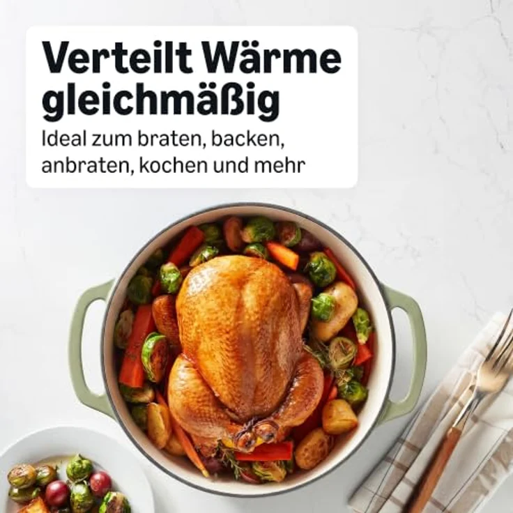 Amazon Basics Schmortopf Rund, 6,9 L emailliertes Gusseisen in Olivgrün, geeignet für alle Herdarten und Backofen bis 260°C – Bild 3