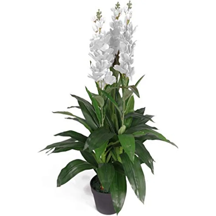 Leaf Kunstpflanze Cymbidium Orchidee, 100 cm, schwarzer Kunststofftopf, weiße Blumen, LEAF-7241