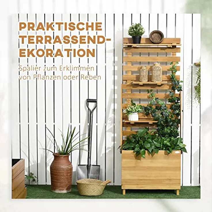 Outsunny Hochbeet mit Rankgitter, Pflanzkasten mit 3 Ablagen, Blumenkasten mit Rankhilfe, für Kletterpflanzen, Garten, Terrasse, aus Holz, Braun, 63 x 39 x 160 cm – Bild 3
