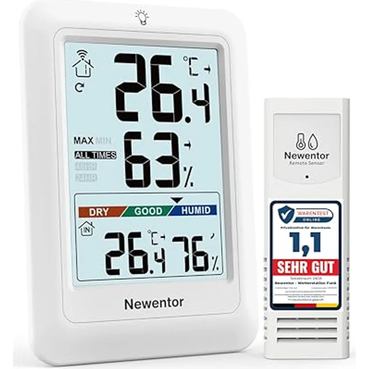 Newentor MAX MIN Thermometer Innen und Außen, Hygrometer mit Luftkomfortanzeige, Funk Wetterstation mit 1 Außensensor, Weiß, VA-Display mit Beleuchtung – Bild 1