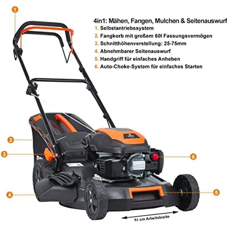 FUXTEC 4in1 Benzin Rasenmäher FX-RM5170-4PS/2,9kW | 51cm Schnittbreite & 7-stufige Höhenverstellung 25mm-75mm | 4-Takt Mäher mit Hinterradantrieb - 60L Grasfangkorb, Mulchfunktion & Seitenauswurf – Bild 5