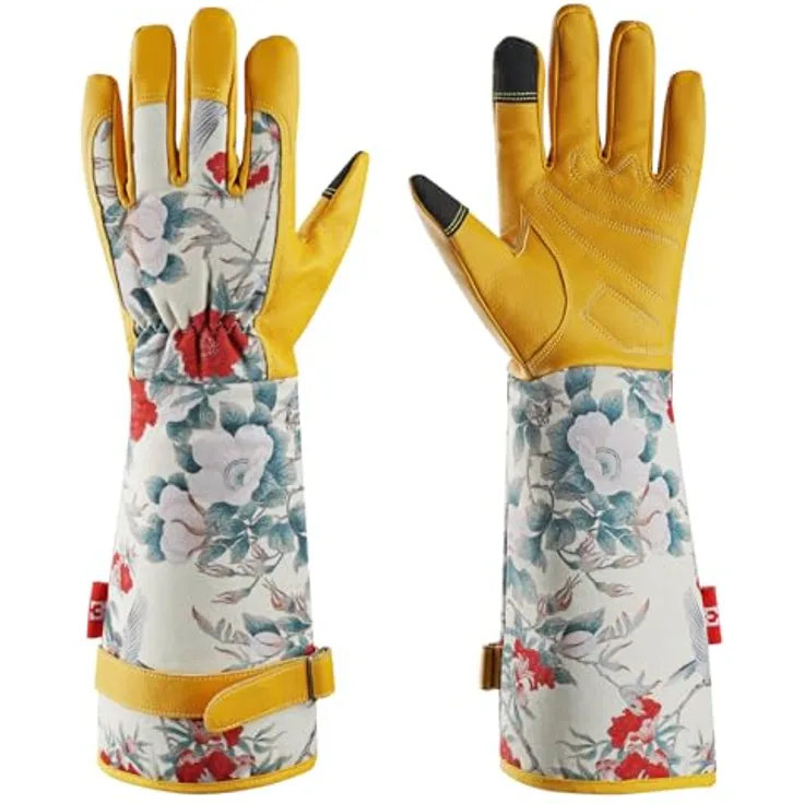 Mustbau Lange Gartenhandschuhe für Damen, Kunstleder Gauntlet, wasserabweisend, Anti-Rutsch, verstärkte Fingerspitzen, L