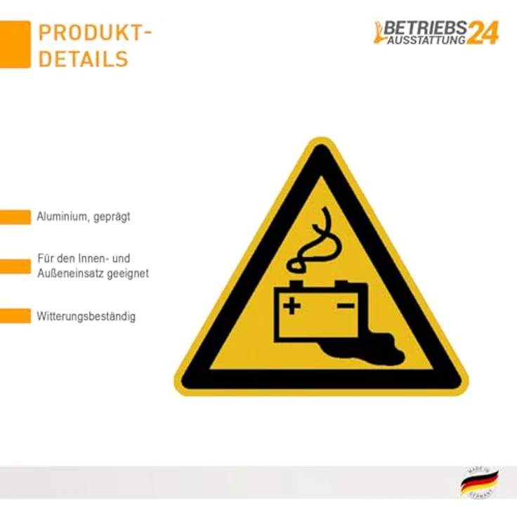 Betriebsausstattung24 Warnschild „Warnung vor Gefahren durch das Aufladen von Batterien“, 20 cm, Aluminium, geprägt, Symbol W026, Made in Germany – Bild 3
