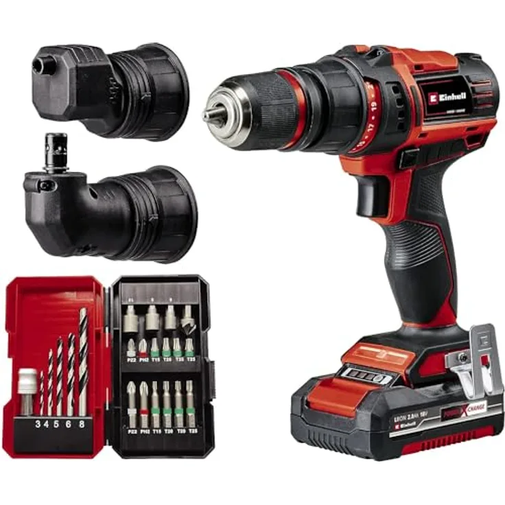 Einhell Akku-Bohrschrauber TE-CD 18/45 3X-Li+22 Power X-Change (18 V, 45 Nm, Winkelaufsatz, Exzenter Aufsatz, 22-tlg. Bitset, 2,0 Ah-Akku, Ladegerät + E-Box)