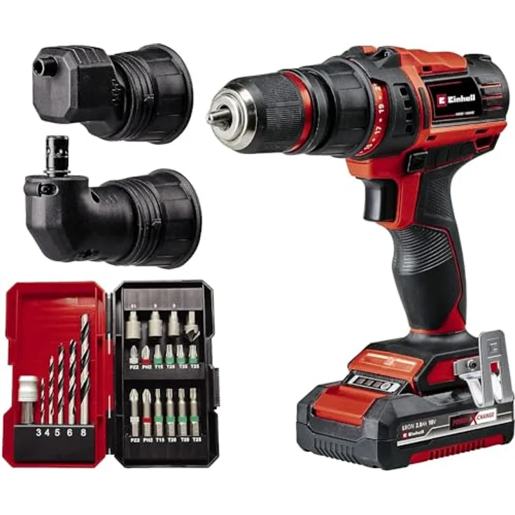 Einhell Akku-Bohrschrauber TE-CD 18/45 3X-Li+22 Power X-Change (18 V, 45 Nm, Winkelaufsatz, Exzenter Aufsatz, 22-tlg. Bitset, 2,0 Ah-Akku, Ladegerät + E-Box) – Bild 1