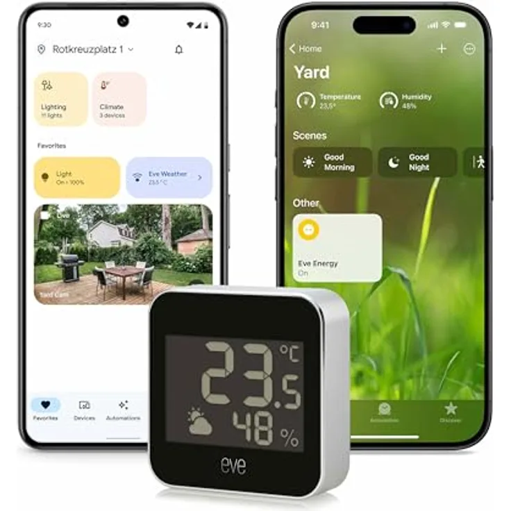 Eve Weather (Matter), Wetterstation zur Temperatur- und Luftfeuchtigkeitsmessung, Schwarz/Silber