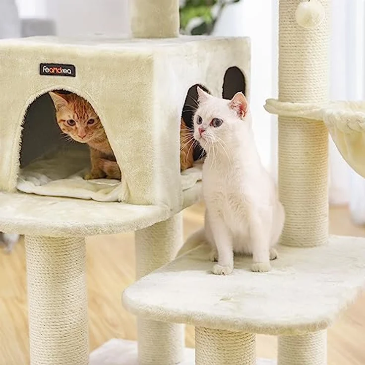 Feandrea Kratzbaum mit XXL Aussichtsplattform, Liegemulde, große Kuschelhöhle, verstellbare Elemente, extra Dicke Stämme komplett mit Sisal umwickelt, Katzenbaum, stabil, beige PCT01M – Bild 3