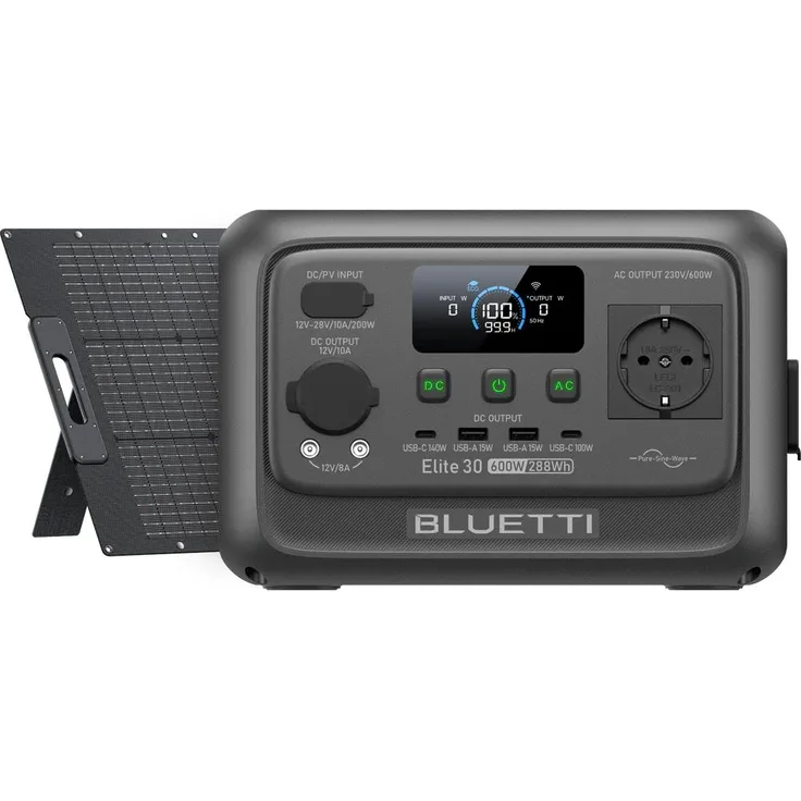 BLUETTI Elite 30 V2, Tragbare Powerstation mit 288Wh LiFePO4 Akku und 100W Solarpanel, 600W Ausgang, ideal für Reisen und Wohnmobile