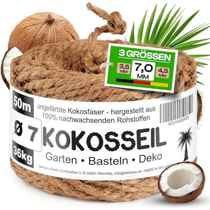deli4you Kokosseil Gartenseil für Pflanzen, 7mm x 50m, biologisch abbaubares Kokosband in Braun, stabil und knotensicher für Baumbindungen und DIY-Projekte – Bild 1
