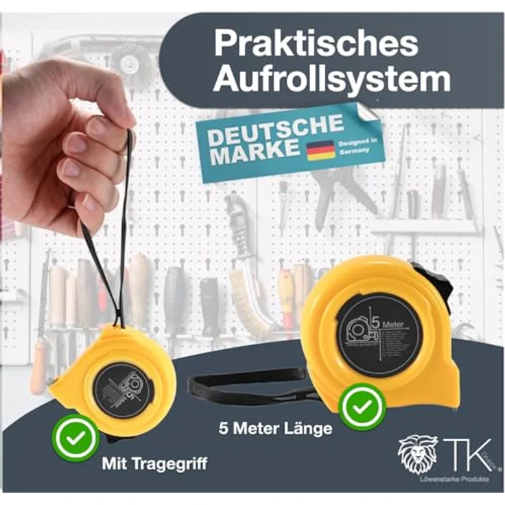 Premium Bandmaß 5 Meter mit Halterung - robustes Maßband & Bandmass zum präzisen Messen mit Feststeller - Rollmassband & Massband mit Aufrollsystem – Bild 3