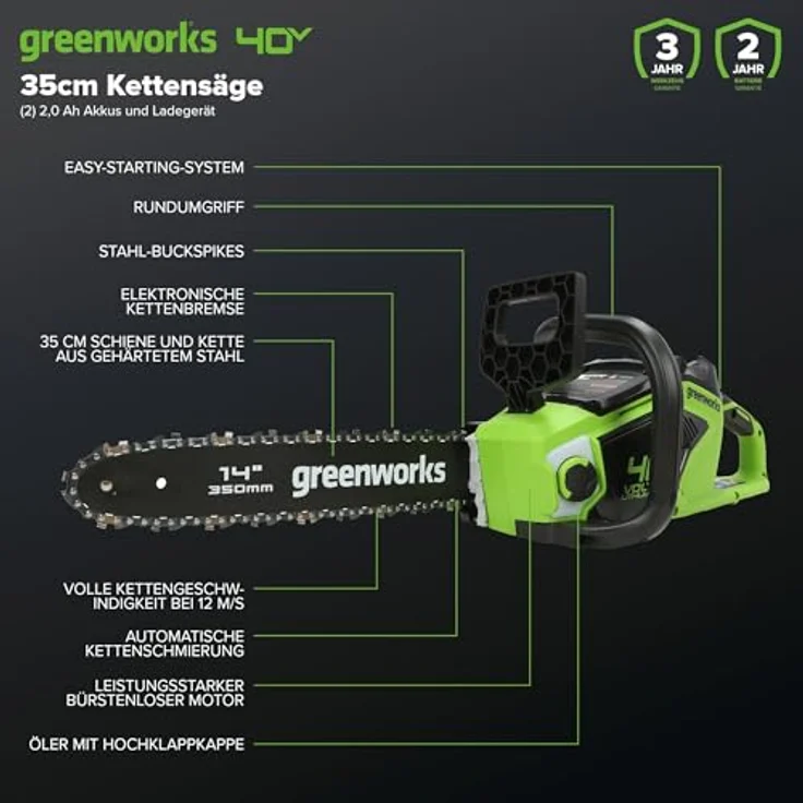 Greenworks Akku-Kettensäge GD40CS15K2x Li-Ion 40V 12 m s Kettengeschwindigkeit 35cm Schwertlänge 180 – Bild 3
