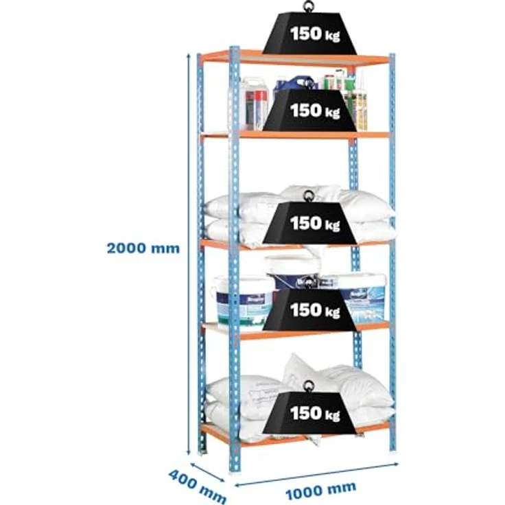 Simonrack Simonclick Metallregal Maderclick Plus, 200 x 100 x 40 cm, 5 Böden, Traglast 150 kg pro Boden, Stecksystem, Blau/Orange – Bild 2