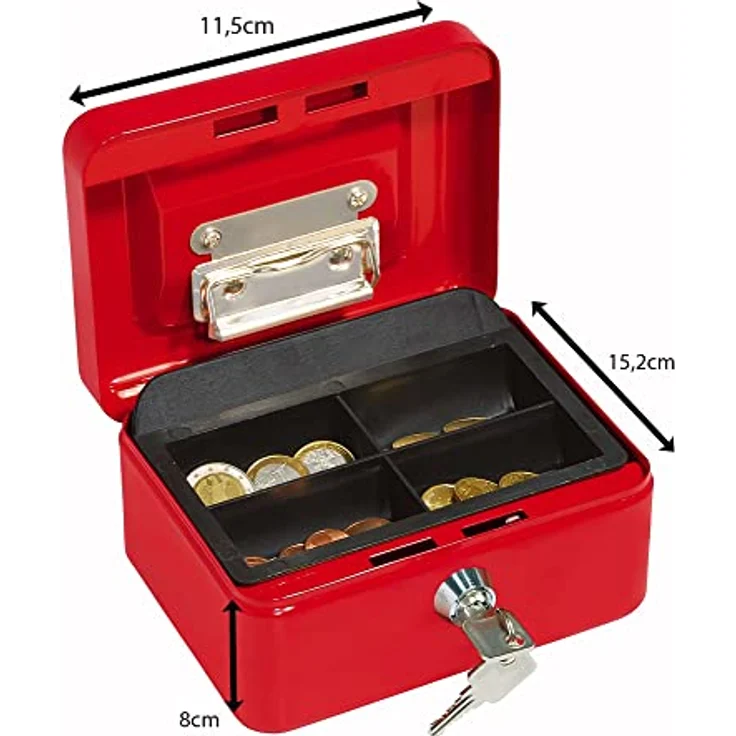 Wedo 145102H Geldkassette (aus pulverbeschichtetem Stahl, versenkbarer Griff, Geldnoten- und Belegeklammer, 4-Fächer-Münzeinsatz, Sicherheits-Zylinderschloss, 15,2 x 11,5 x 8,0 cm) rot – Bild 5