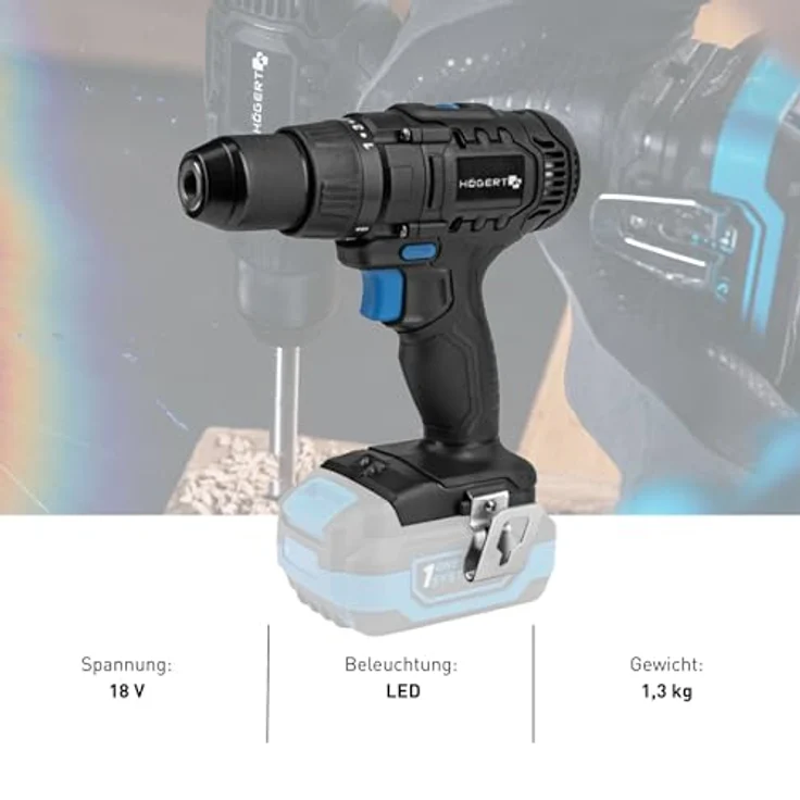 HÖGERT TECHNIK Akku-Bohrschrauber Set 18V, 50 Nm Drehmoment, 2,0 Ah Akku, 4A Ladegerät, Metallgetriebe, LED-Beleuchtung, Auto Lock Bohrfutter, für Holz und Metall – Bild 6