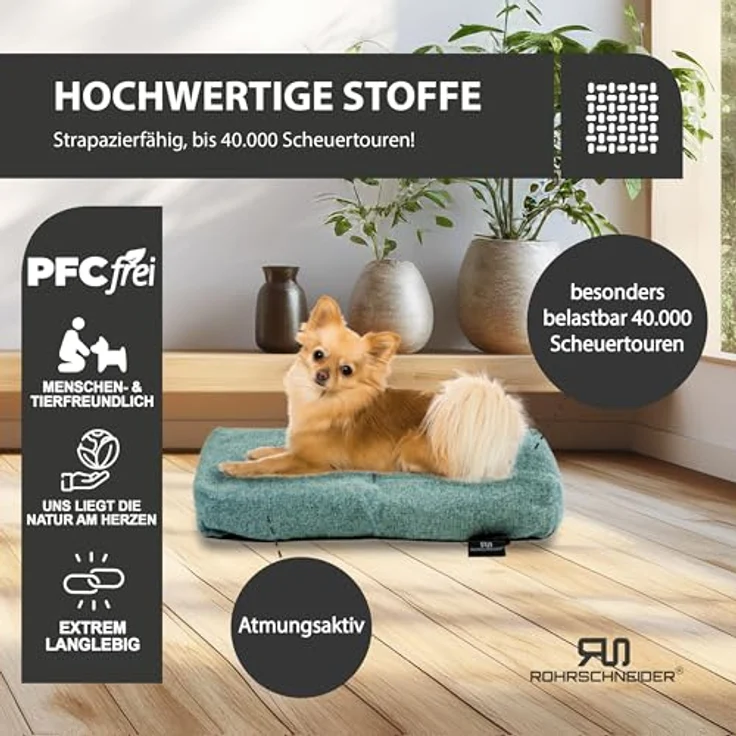 Rohrschneider Hundebett Made in EU | Hundematte mit Anti-Rutsch | strapazierfähiges Hundekissen für kleine, mittelgroße & große Hunde | Katzenbett | inkl. Futternapf | Gr. 1 (türkis, 47 x 30 x H 7 cm) – Bild 4