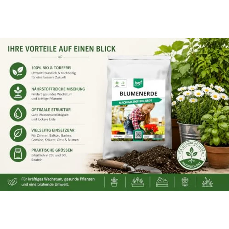 Best for Home Bio-Erde, Bio-Blumenerde torffrei für Zimmer- & Balkonpflanzen, nährstoffreiche Mischung, 20L oder 50L – Bild 6