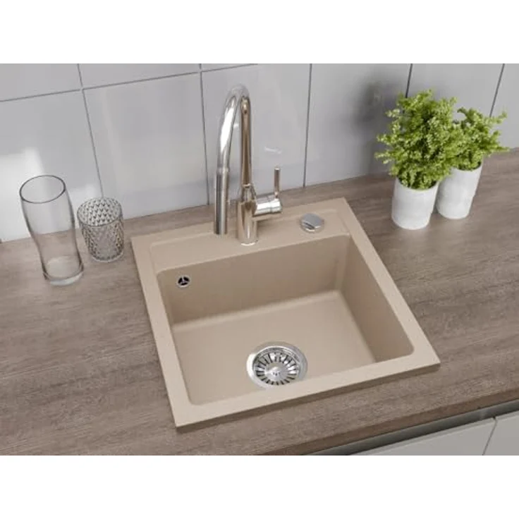 QLS Spülbecken Bella 44 x 44 cm, Granit mit automatischem Siphon, hitzebeständig und pflegeleicht, beige – Bild 3