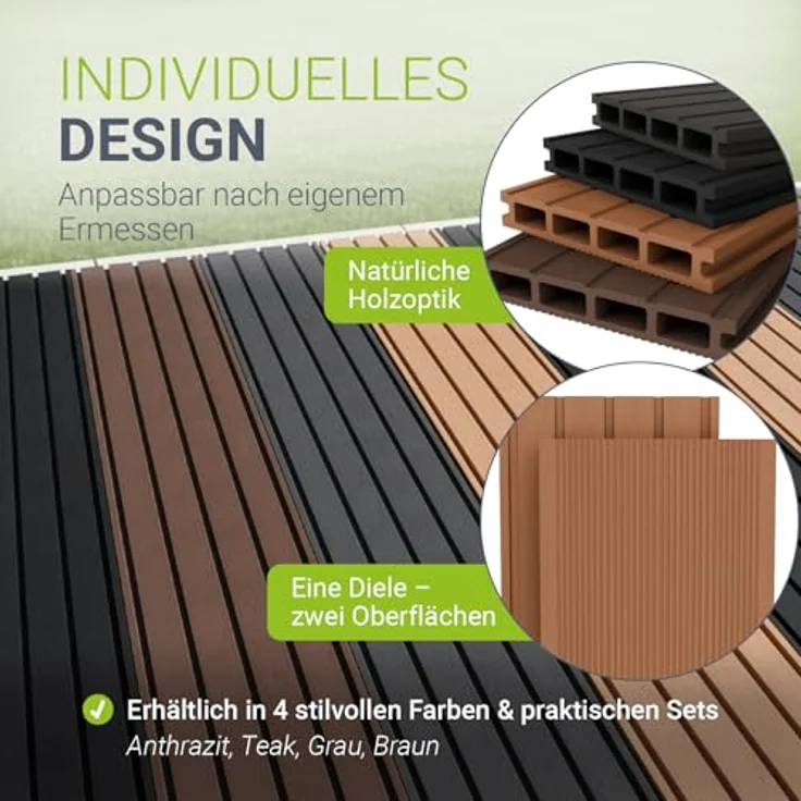 Juskys WPC-Terrassendielen, 20 m² Komplett-Set, witterungsbeständig, raue Oberfläche, Belastbarkeit bis 330 kg/m², Farbe Teak – Bild 6