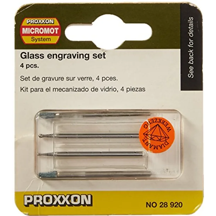 PROXXON INDUSTRIAL Bohrer- und Bitset 28920, 2 Schleifstifte aus Silicium-Karbid und 2 Diamantschleifstifte für Glasgravur, Ø 2,35 mm