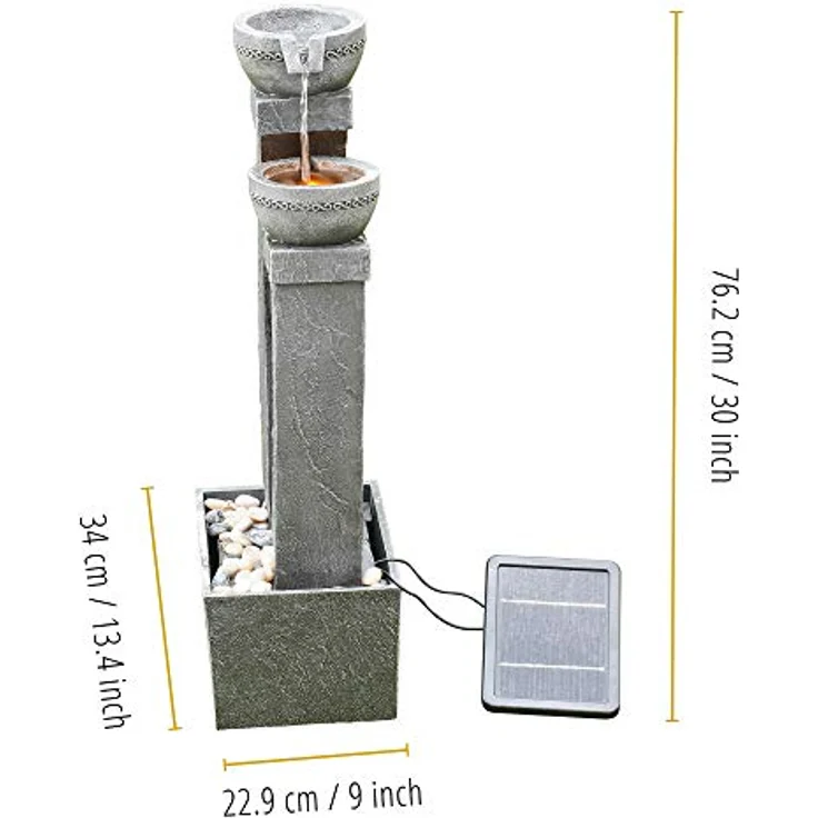 Teamson Home Gartenbrunnen Solarbrunnen, 76 cm hoher Polyresin Wasserfallbrunnen mit 3 Ebenen in Grau, verstellbares Solarpanel und beleuchtete Schalen – Bild 5