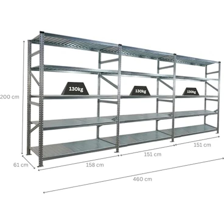 Proregal PROXIMO Metallregal, Fachbodenregal in verzinktem Stahl, 1x Grundregal + 2x Anbauregal, H200 x B450 x T60 cm, Traglast 130 kg pro Boden, 5 höhenverstellbare Böden – Bild 2