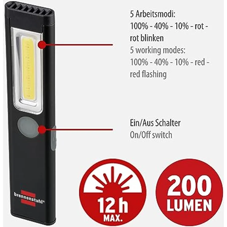Brennenstuhl LED Akku Handleuchte PL 200 AC/LED Taschenlampe mit COB LED (200lm, inklusive USB C-Ladekabel, bis zu 12h Leuchtdauer, Inspektionsleuchte COB mit Magnet und Clip) – Bild 2