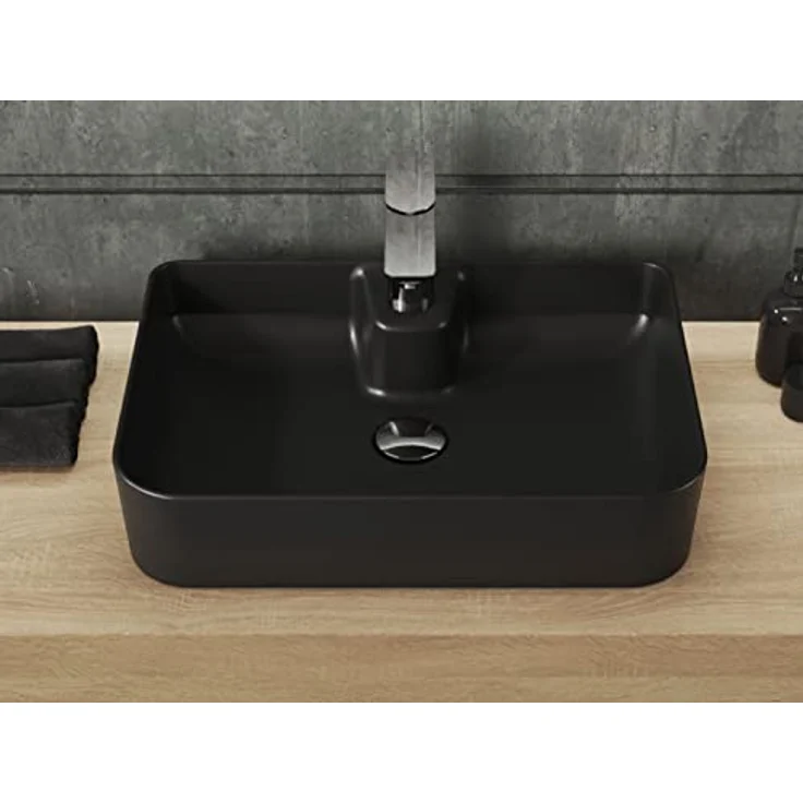 Aqua Bagno Eckiges Aufsatzwaschbecken schwarz matt, Keramikwaschbecken, Waschschale, Handwaschbecken | 50 cm breit – Bild 3