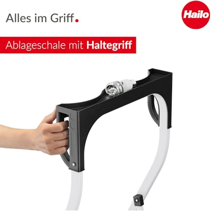 Hailo K75 ComfortLine Klapptritt - 3-stufige Trittleiter aus Stahl mit Sicherheitsbügel und Ablageschale - Arbeitshöhe bis 2,69 m - Gewicht: 6,8 kg - Weiß – Bild 3