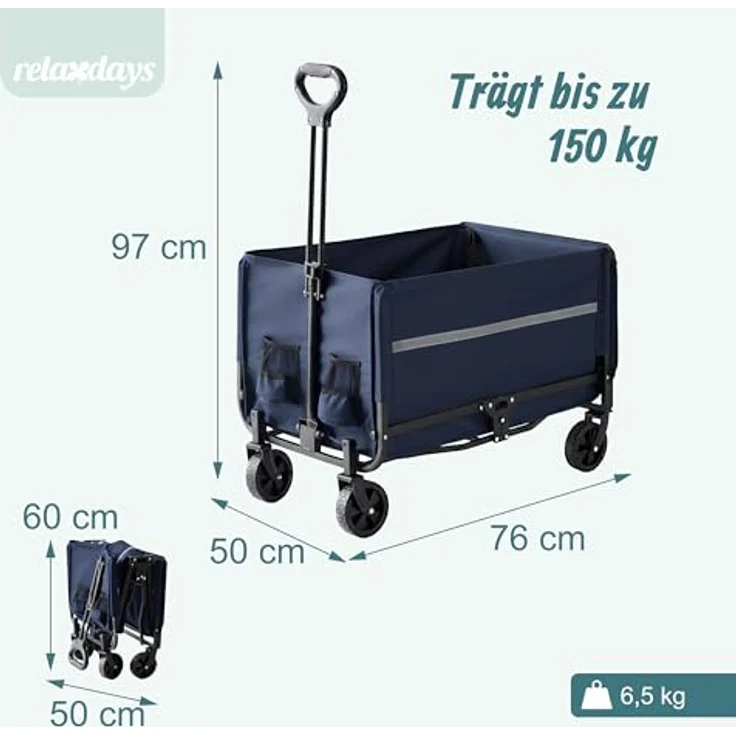 Relaxdays Bollerwagen, faltbar, 150 kg Traglast, Teleskopgriff, Regenplane, 120 l Volumen, blau – Bild 4