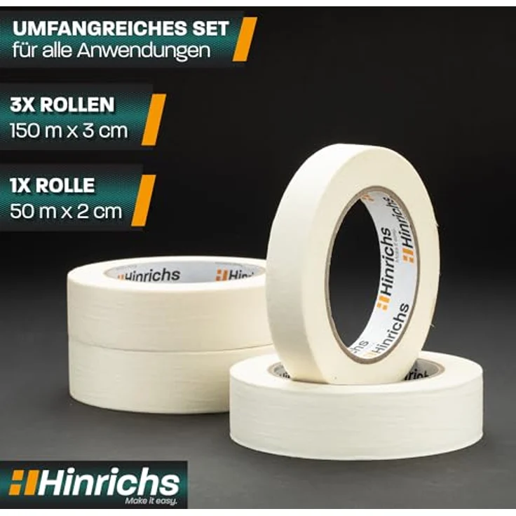 Hinrichs 4 x Kreppband - 3 Rollen 50 m x 30 mm plus 1 Rolle 50 m x 20 mm – Malerkrepp für sauberes Abkleben der Abdeckfolie bei Malerarbeiten – Bild 2