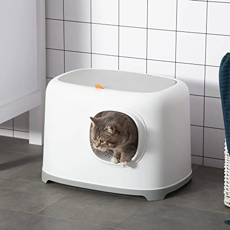 PawHut Katzentoilette mit Haube für Katzen bis 5 kg Katzenklo mit Deckel Gitterboden Kunststoff Weiß 55 x 40 x 39 cm – Bild 2