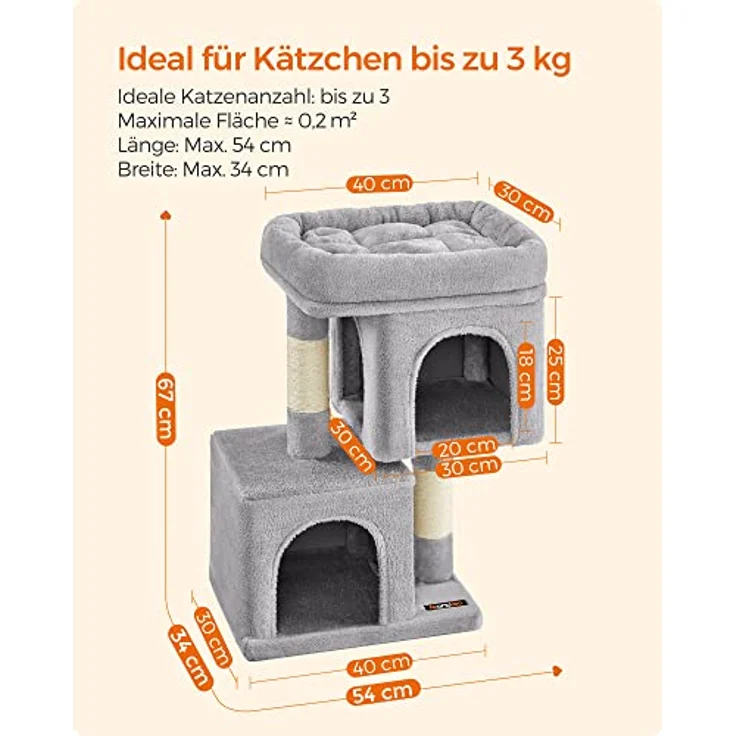 Feandrea Kratzbaum klein, 67 cm Katzenbaum, Katzenhaus für Kätzchen bis zu 3 kg, große Plattform, Sisalstämme, hellgrau PCT611W01 – Bild 5