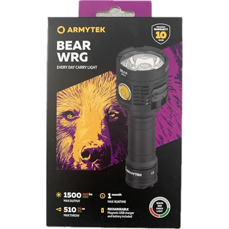 ArmyTek Bear WRG Taschenlampe, 1500 lm, 3 Lichtfarben (weiß, rot, grün), 12.20 cm, inkl. Silikonkegel und Handschlaufe – Bild 1