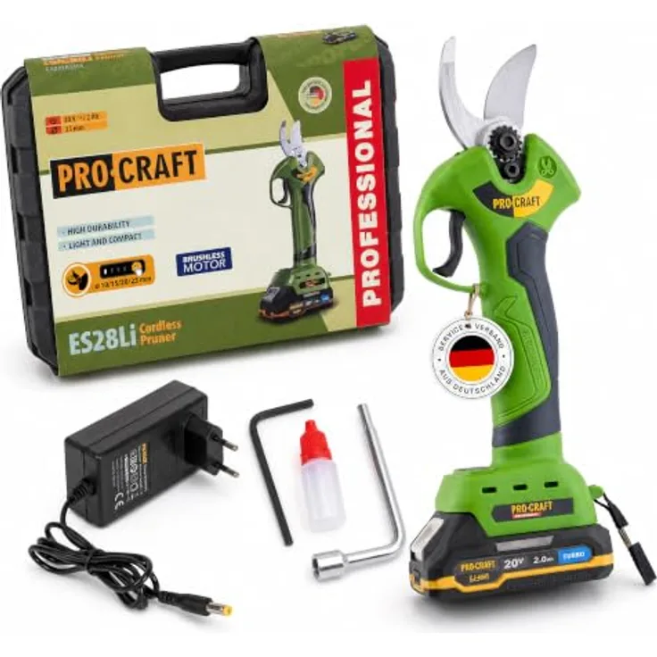 PRO CRAFT ES28Li Akku-Astschere, 20 V Brushless, max. Schnittdurchmesser 25 mm, inkl. 2.0 Ah Akku, Ladegerät und Koffer