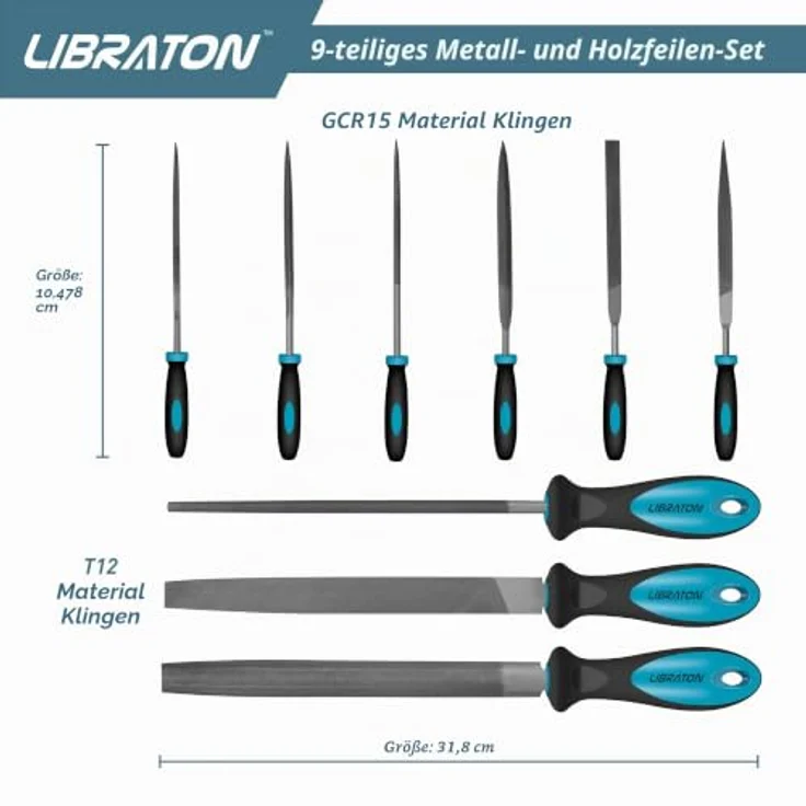 LIBRATON 9 tlg Feilen Set, Metallwerkstattfeilen mit ergonomischen Gummigriffen, inkl. halbrunde, runde und flache Feilen sowie Nadelfeilen in Segeltuchtasche – Bild 2