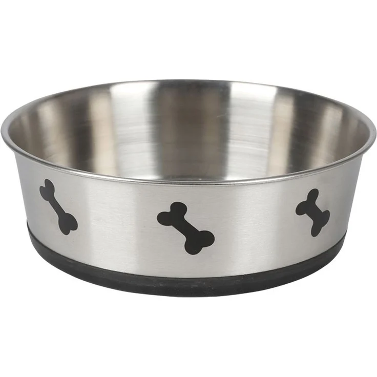 BURI Futternapf Edelstahl Fressnapf 2 Liter mit Knochenmotiv, rutschfestem Silikon, 24 x 8 cm, Hundenapf