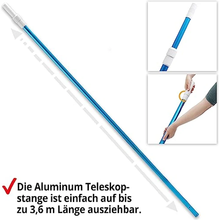 HECHT Pool Kescher 060308 mit Teleskopstange, Aluminium, 1,9 m - 3,6 m ausziehbar, 39,5 x 14,5 cm Netz, ideal für große Pools – Bild 3