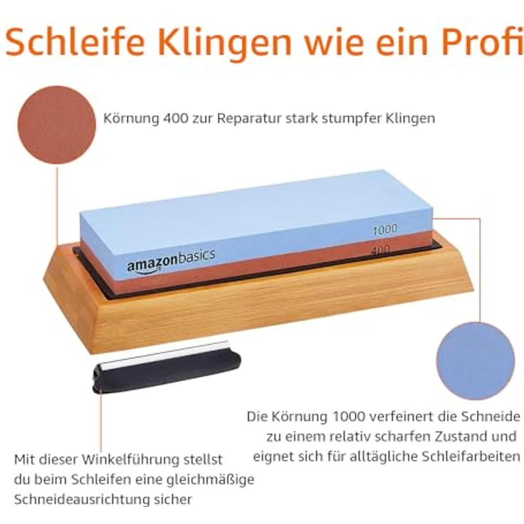 Amazon Basics Messerschärfstein, doppelseitig, 400/1000 Körnung, rutschfeste Bambusunterseite, 18 x 6.1 x 2.8 cm, Blau und Rot – Bild 3