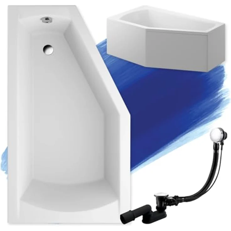 Polimat BADLAND Eckbadewanne SELENA, 160x90 cm, Weiß, Acryl, Komplettset mit Chrom Automatik Ablaufgarnitur und Schürze, Made in EU – Bild 1